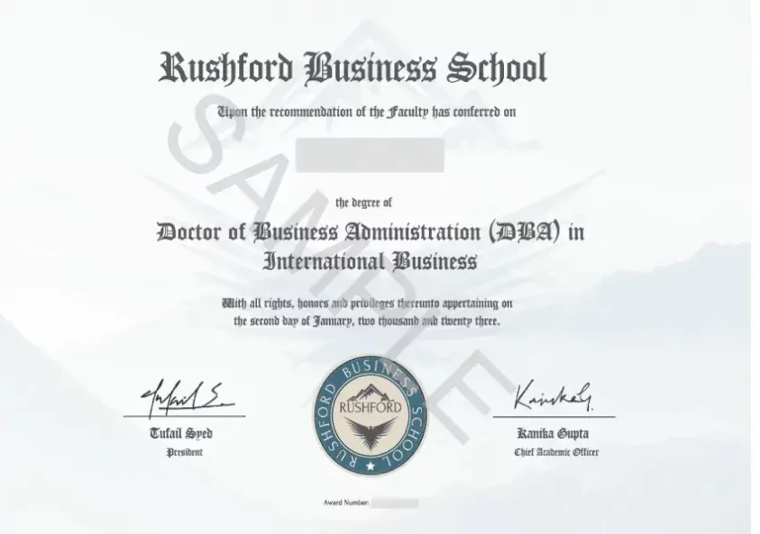 Sample Rushford Business School Doctor of Business Administration diploma